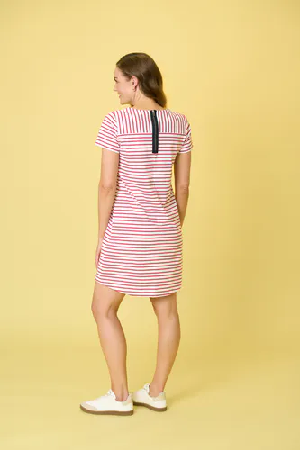 Model wearing White/Raspberry Stripe Milford Dress By Charlie Jane Available at Beetees Nelson